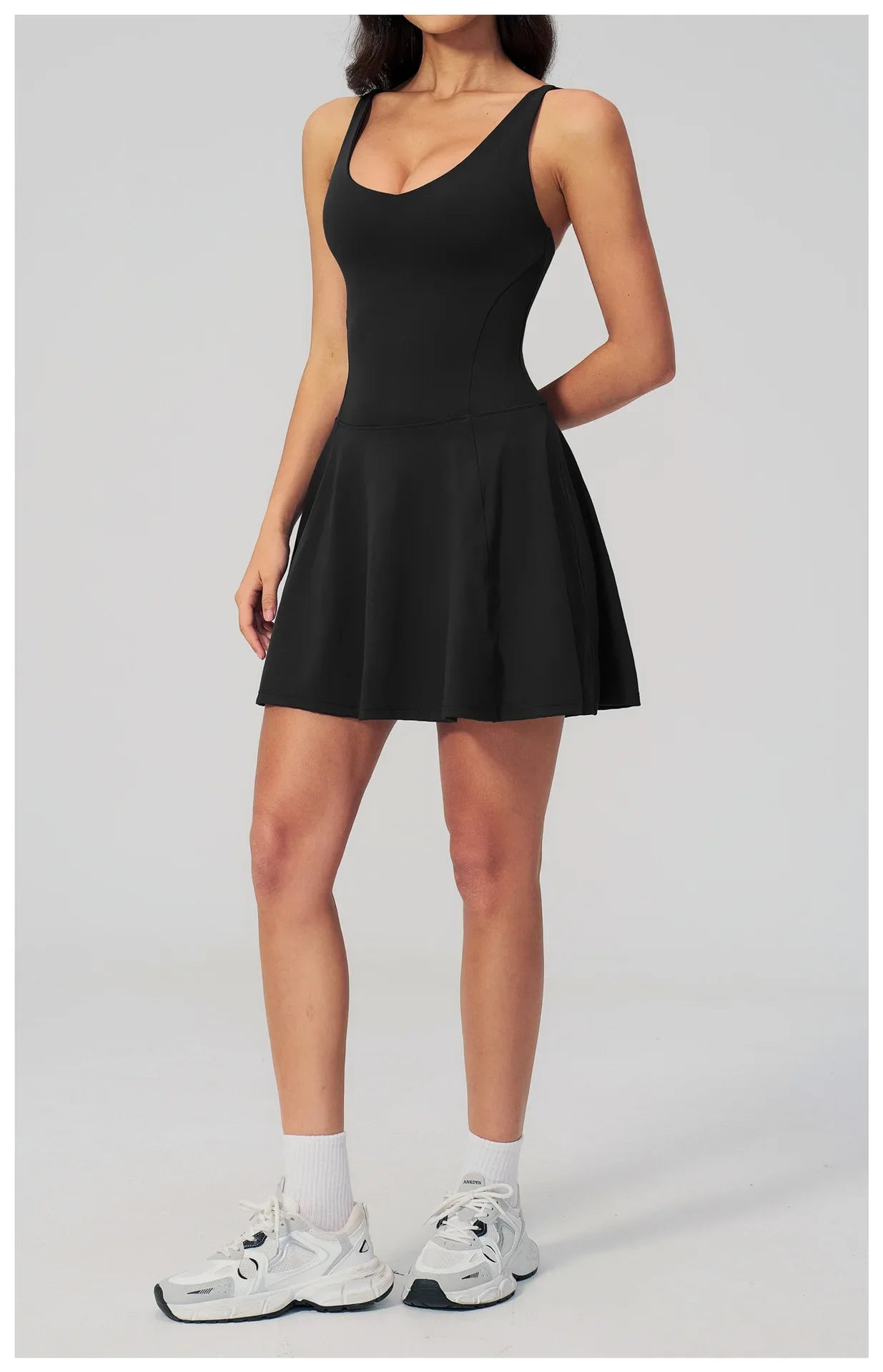 Bodycon Tennis Dress with Shorts Pocket Women Speed Dry Sleeveless V Neck One Piece Sport Outfit Short Dress Fitness Yoga Set