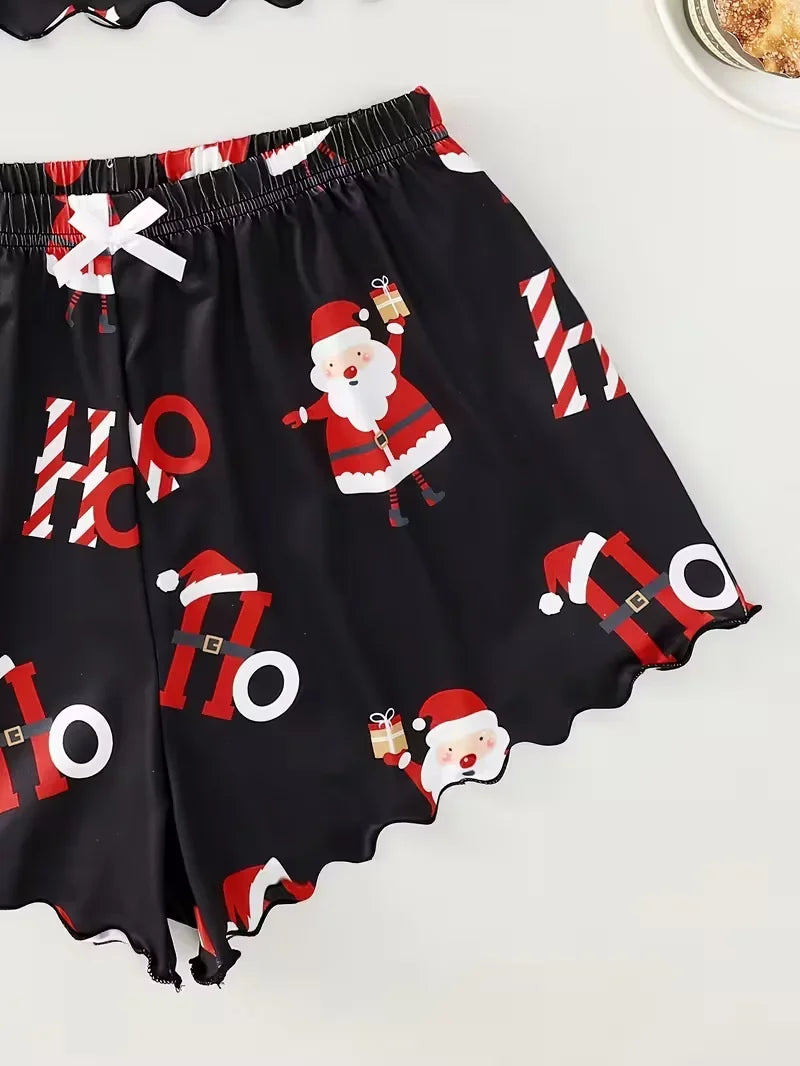 Christmas Santa Claus Element Print Pajama Set for Women's Sleepwear 2 Pieces Crop Tops and Shorts Homewear Loungewear