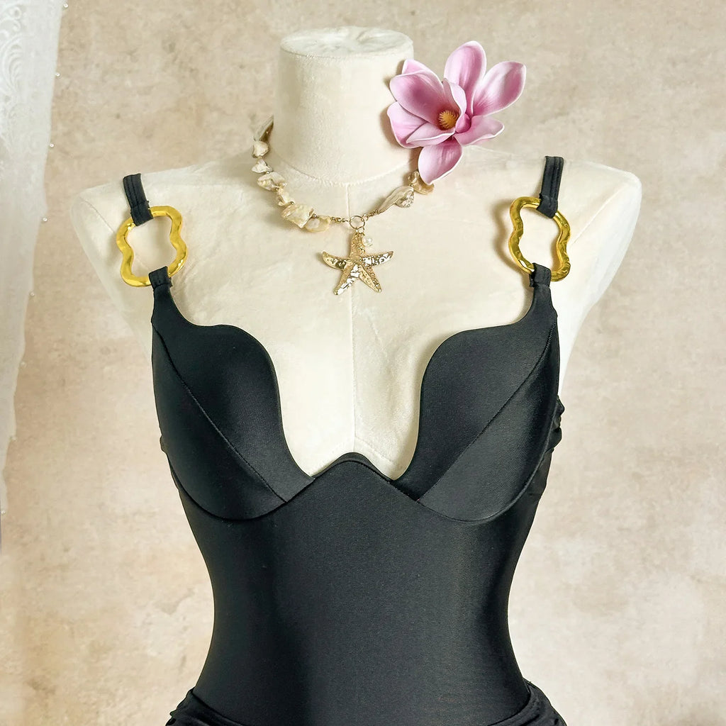 Sexy Mesh Skirt Swimwear Sets Women 2026 New Metal Strap Shell Underwire Tummy Control One Piece Swimsuit Bathing Suits Monokini