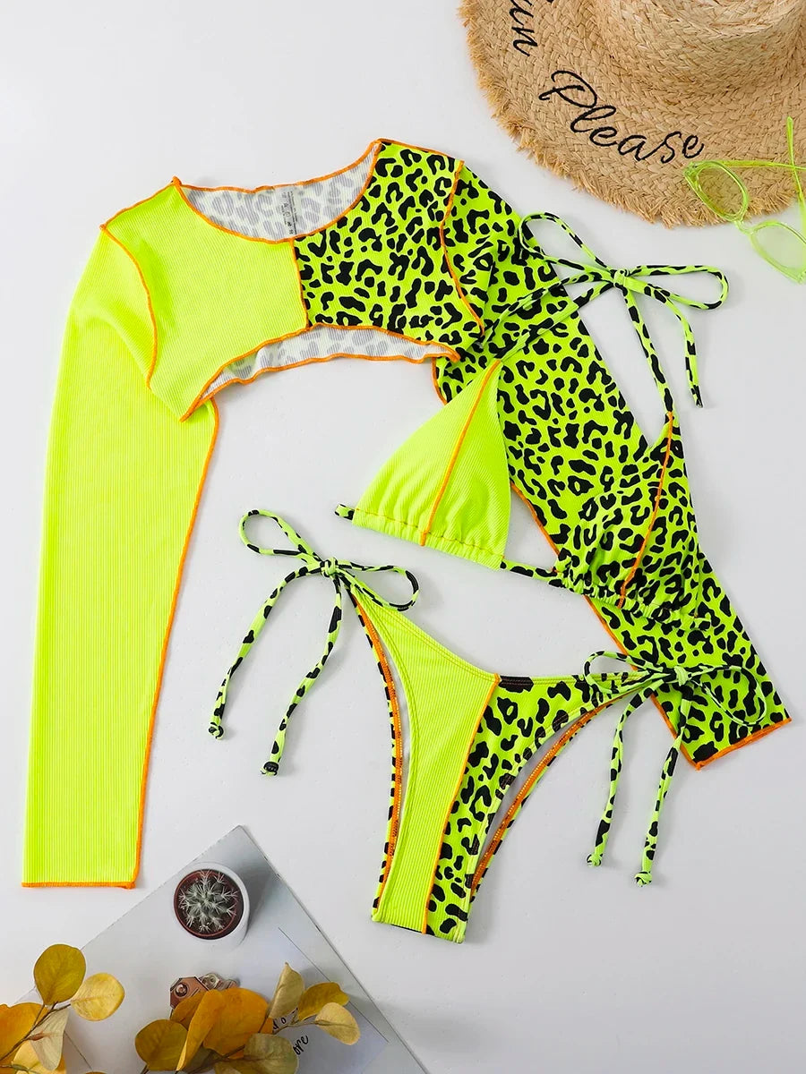 Leopard Halter Triangle Bikini 2026 Women Long Sleeve Swimsuit Sexy Swimwear Female Bathers Bathing Suit Swimming Beachwear