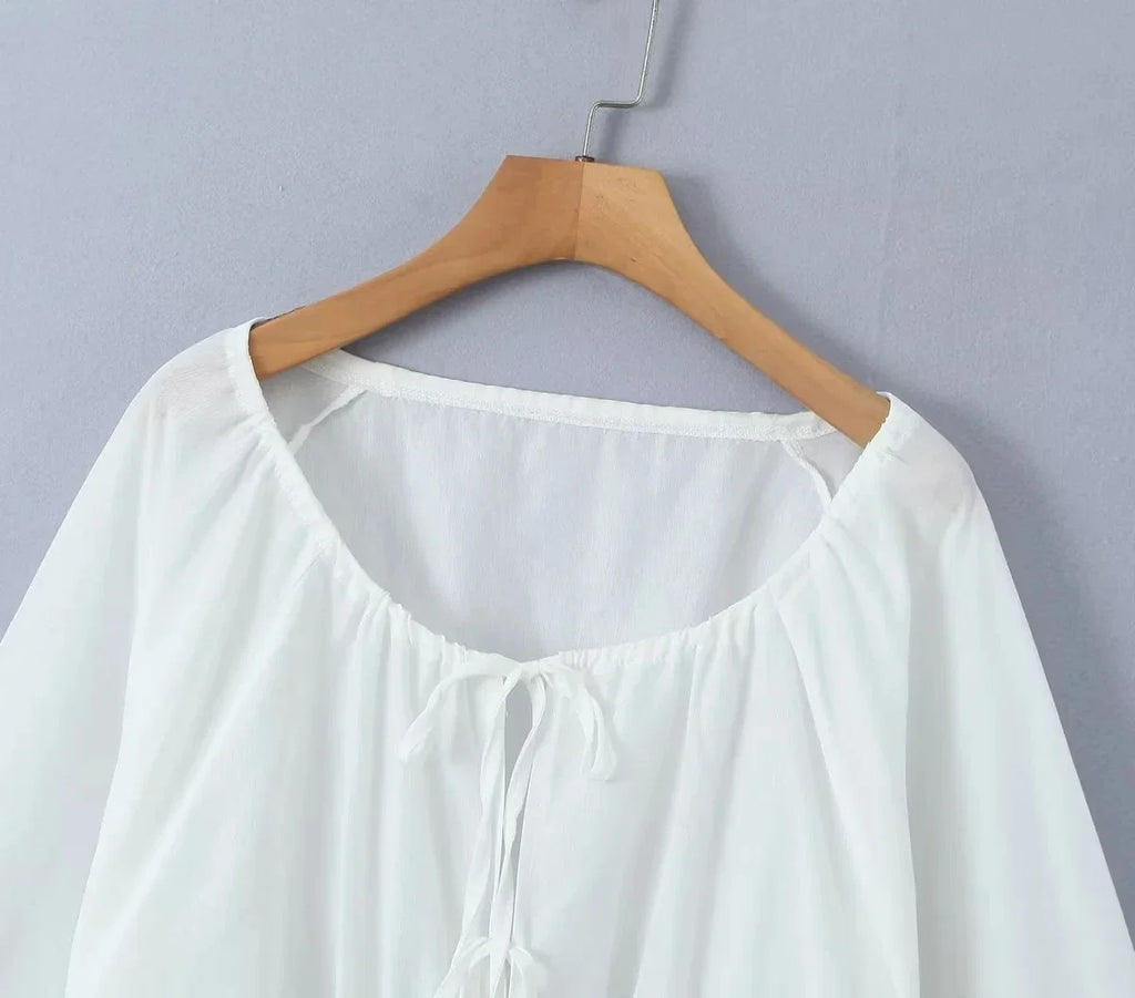 Foridol Tie Up Ruffles Lantern Sleeve White Blouse Women Spring Fashion Pelpum Top 2025 Summer O Neck Beach Casual Chic Blusa