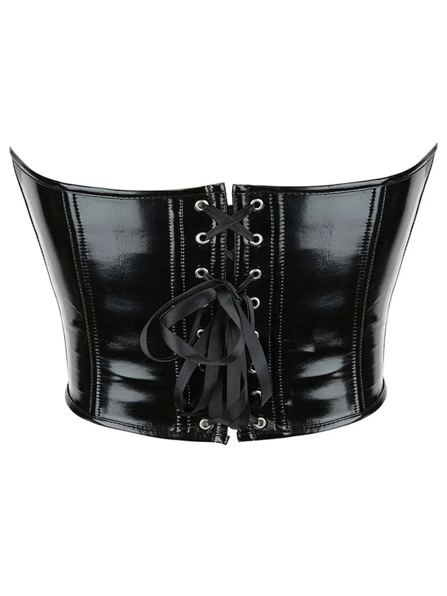 Women PU Leather Bustier Back Lacing-up Fish Boned Corset Curved Hemline Crop Tank Tops