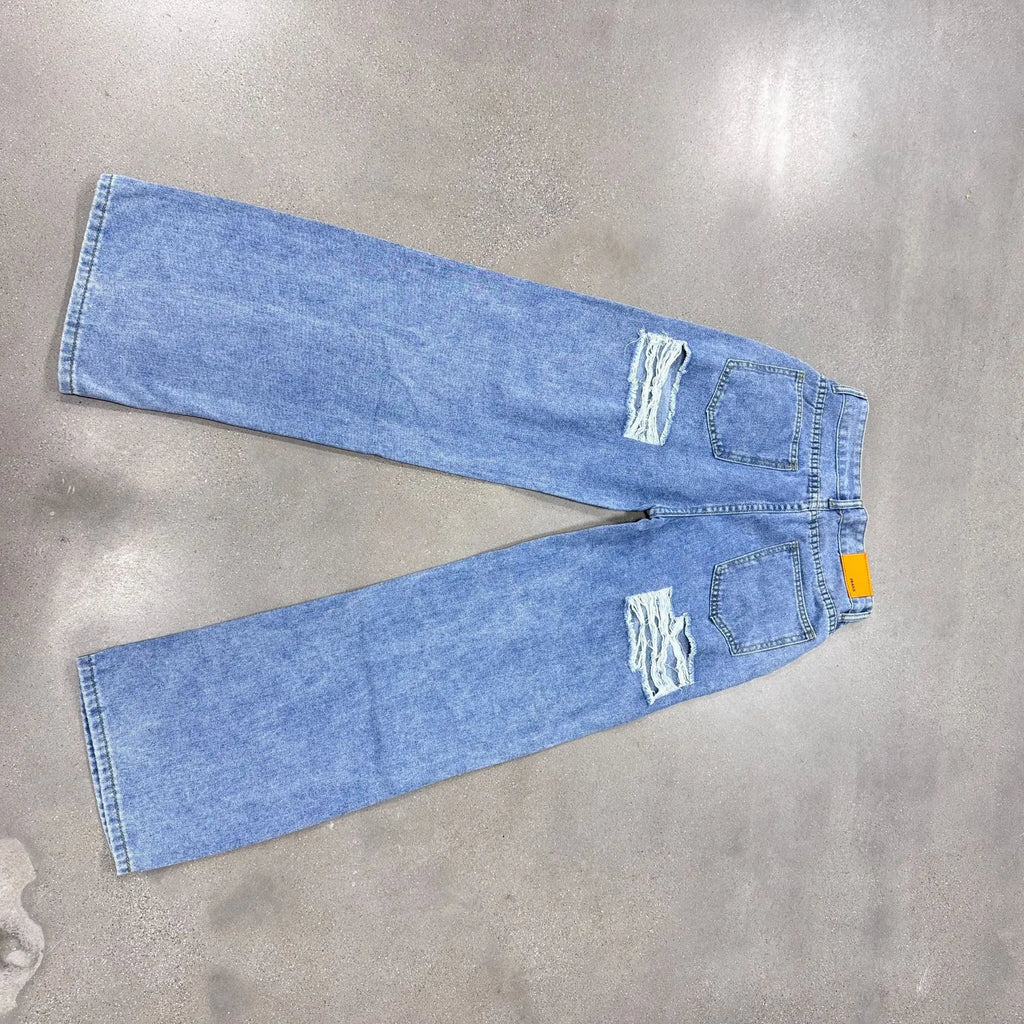 Women's Jeans Trend High-Waisted Distressed Skinny Straight-Leg Jeans Solid Color Distressed Finish Button-Fly Zipper Trousers