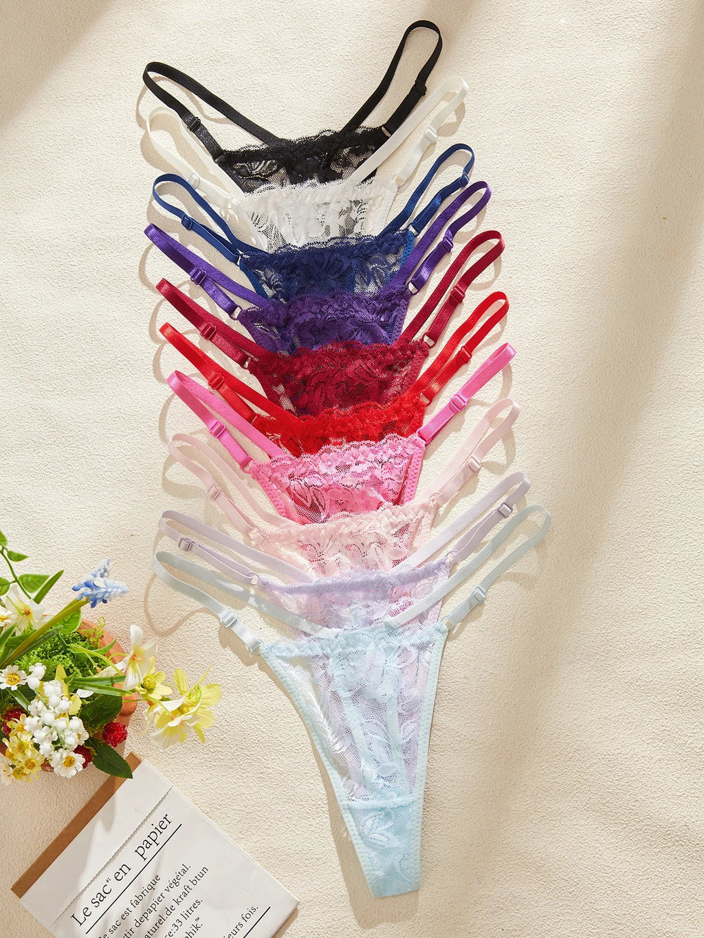 10Pcs/Set Lace Women Panties Low-Waist Sexy Hollow Out G-String Elastic Adjustable Waistband Sexy Lingerie Women's Underwear