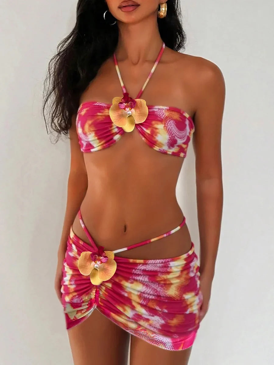 with Mesh Skirt 3D Flowers Halter Bandeau Bikini Female Swimsuit Women Swimwear Three-pieces Bikini Set Bathing Suit Beachwear