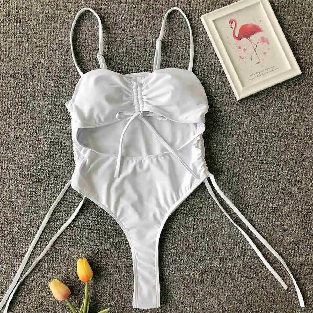 Sexy Lace Up Tummy Cut Out Monokini One Piece Swimsuit Women Swimwear Female Leopard Thong Bather Bathing Suit Swim Wear V1290