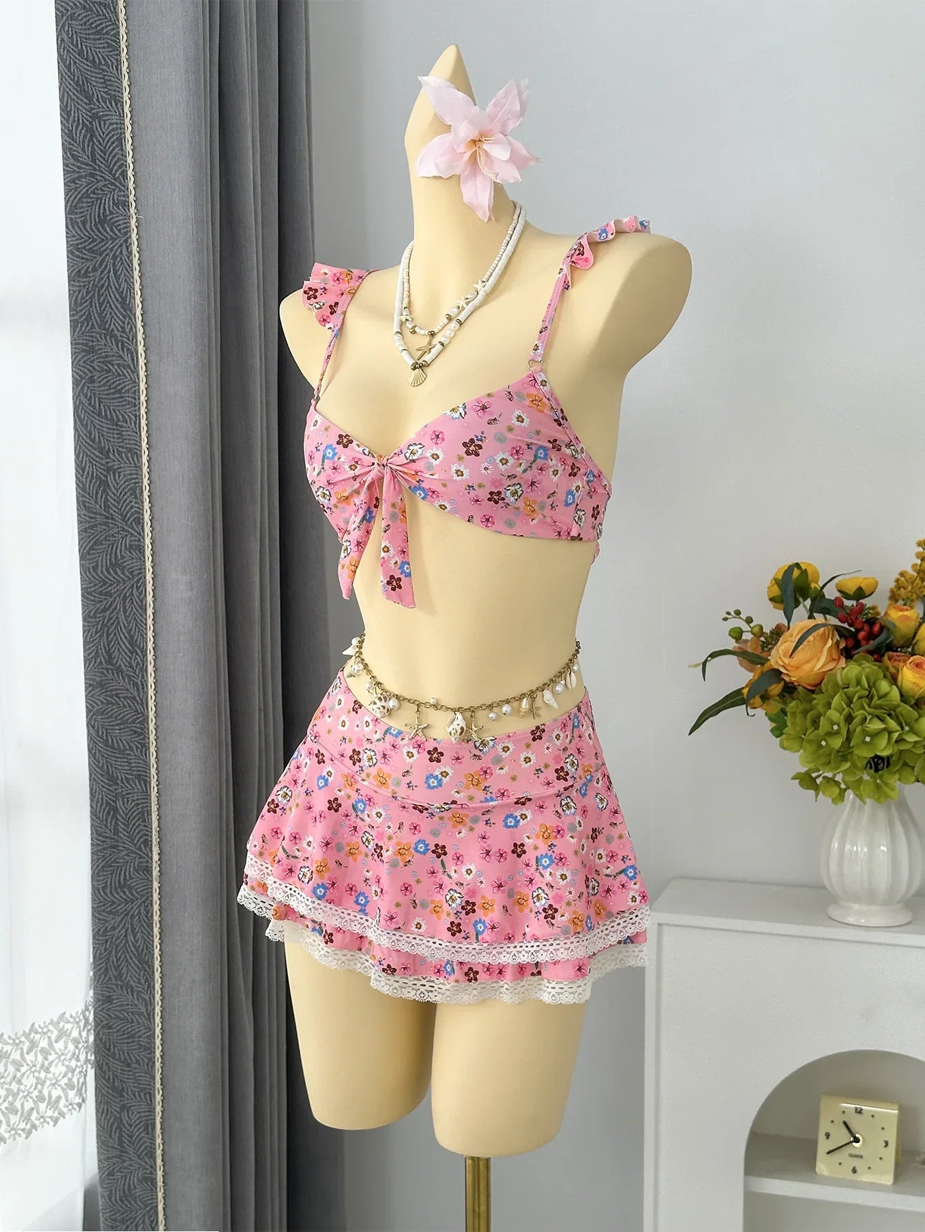 Sexy Navy Floral Print Bikinis Sets Women Front Tie Push Up Bra Holiday Swimsuit 2026 Bathing Suit Lace Ruffles Skirt Swimwear