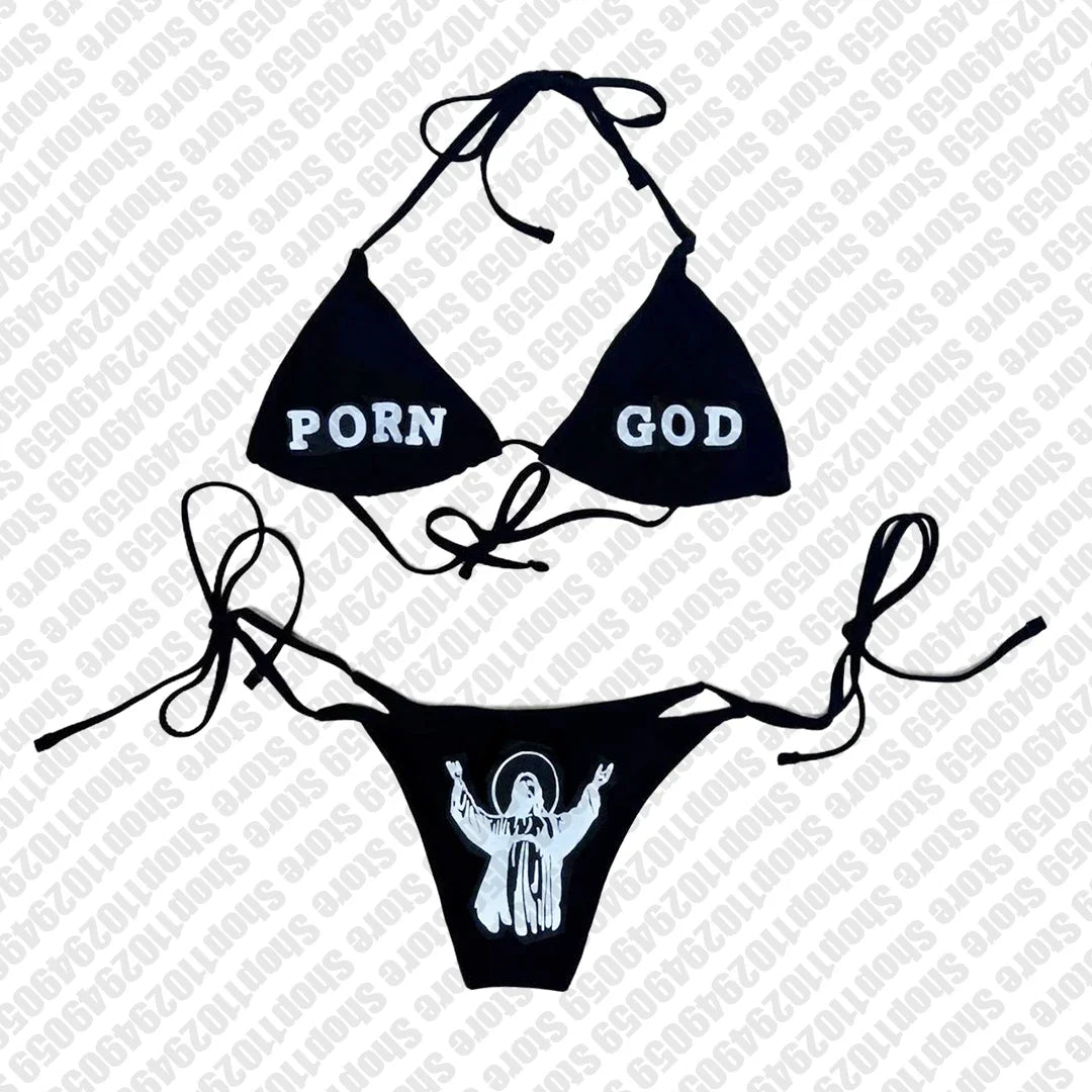 Sexy Gothic Bikini 2000s Women Letters Print Swimsuit Split Bathing Suit High Waist Gothic Bikinis Sets Beach Outfits Emo Girls