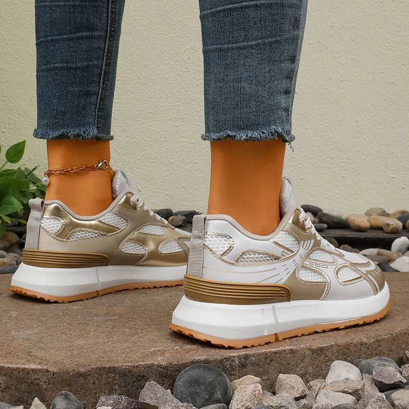 Breathable Mesh Gold Platform Sneakers Women 2026 New Non Slip Lace Up Sports Shoes Woman Silver Thick Bottom Vulcanized Shoes