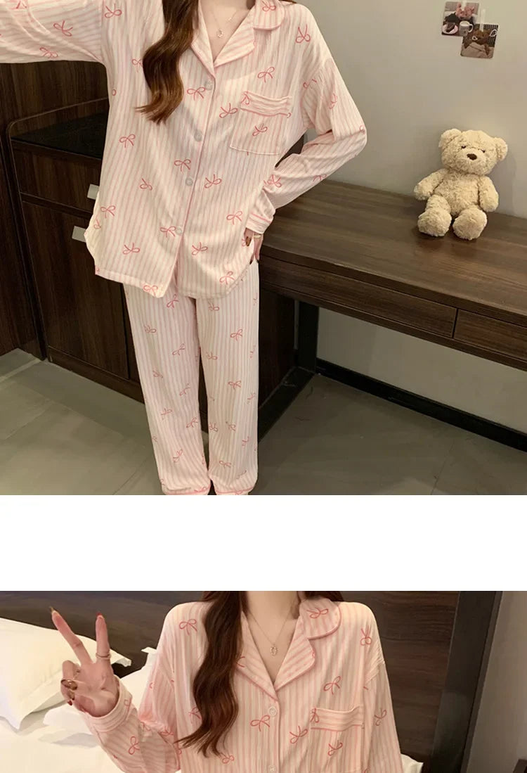Spring Autumn New Women's Pajamas Long Sleeved Long Pants Sweet Printed 2-piece Set Casual Home Cardigan Nightgown