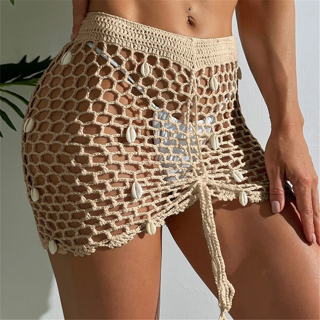 Hollow Out See Through Shell Crochet Knitted Beach Skirt Cover Up Cover-ups Beach Dress Beach Wear Beachwear Female Women V6479