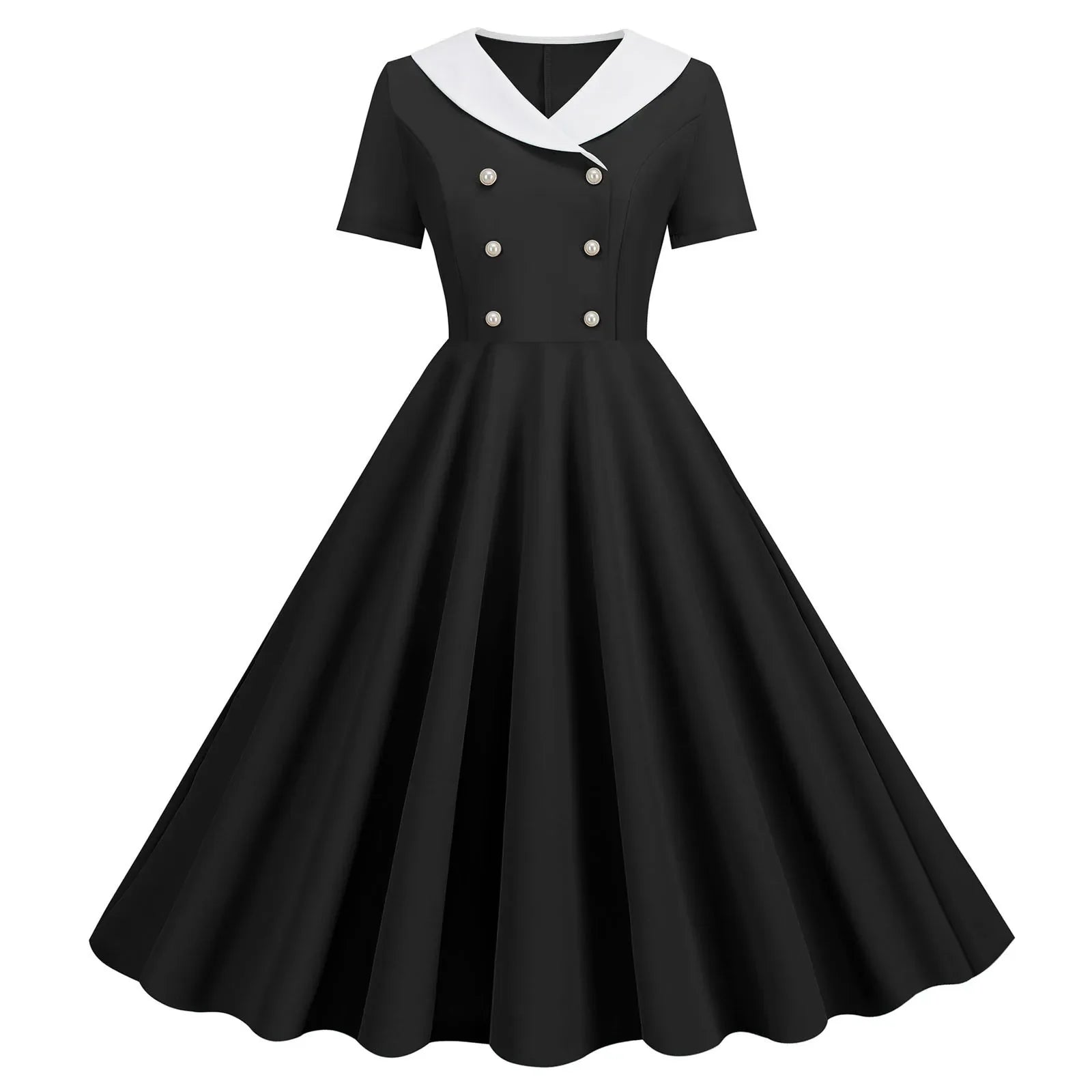1950s Vintage 50s A-Line Evening Dress Short Sleeves V Neck Button High Waist Dresses Women's Prom Party Midi Dress Vestidos