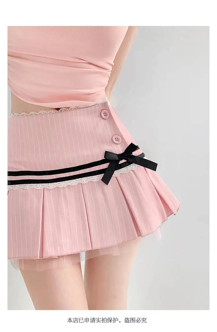 Striped Contrasting Color Bow Lace Splicing Pleated Skirt Women 2026 Summer American Style Low Waist  A-line Short Skirt UBFK