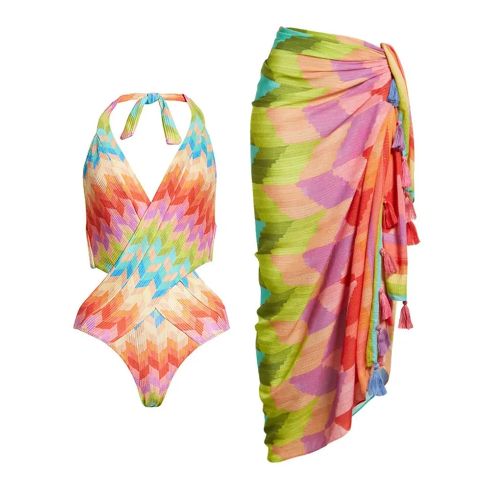 2025 New 2PC Push Up Women Bikini Set Skirt Floral Printed Bikinis Strappy Bandage Swimwear Brazilian Biquini Bathing Suit