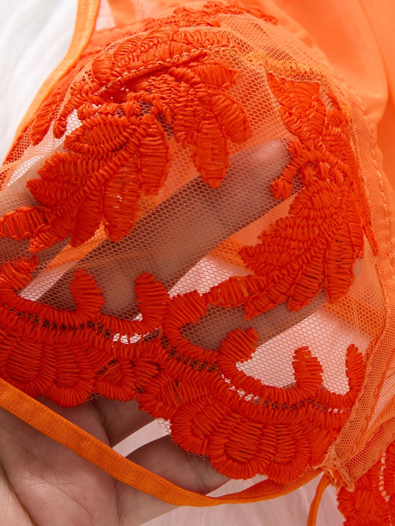 Orange Floral Lace Sheer Mesh Babydoll Lingerie Set Slip Nightdress With Matching Thong Women Sexy Sleepwear ZA825066