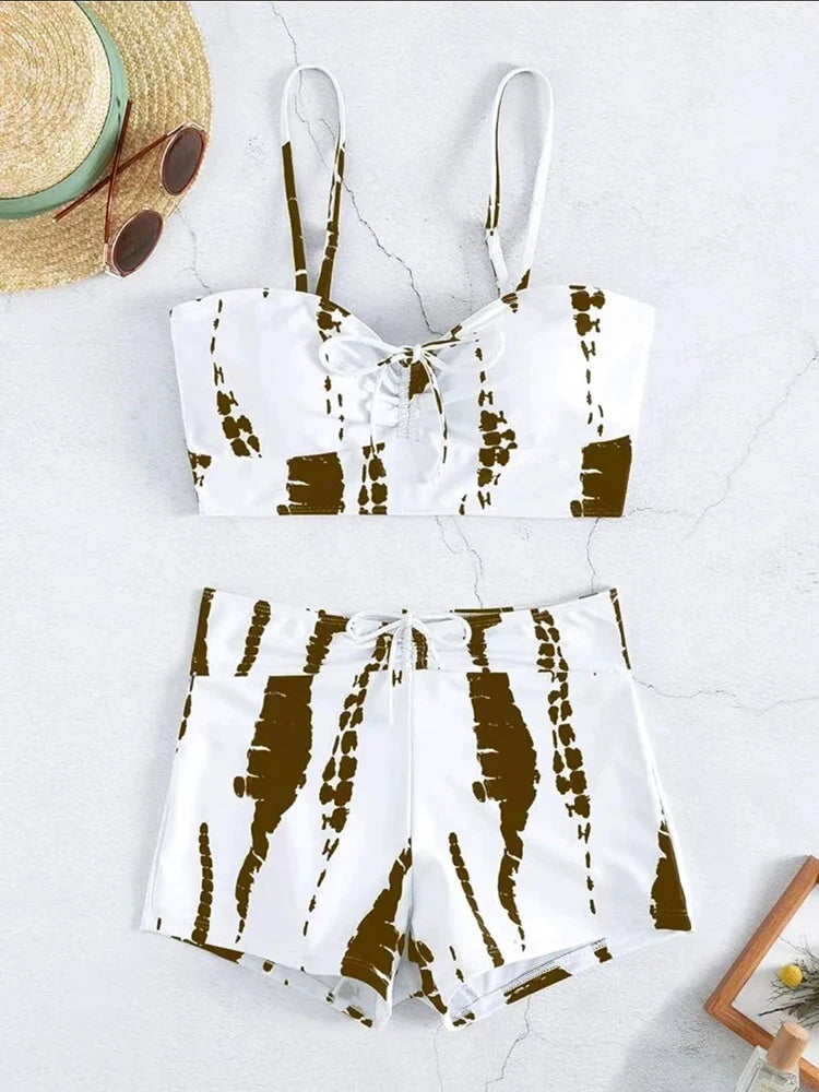 2026 Tie Dye Bikini Drawstring Swimsuit Women High Waist Shorts Swimwear Female Padded Bathing Suit Swimming Beachwear Summer