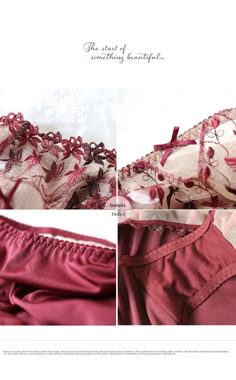 MOYISU Pure Desire Victoria Thin Bra Set Lace Mesh Red Beautiful Back Sex Underwear Hold Up with Underwire Transparent Bra Woman