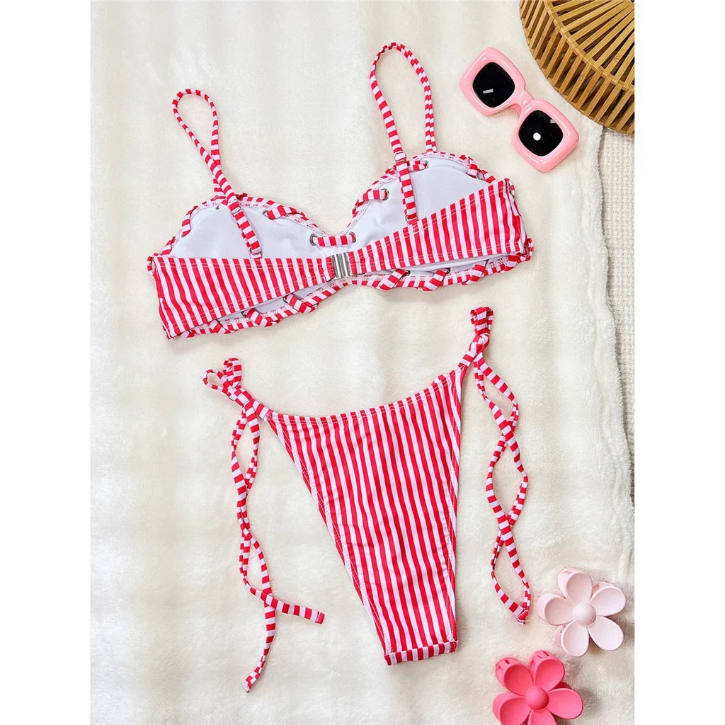 Striped Strappy Bikini Women Swimwear Female Swimsuit Two-Pieces Bikini Set High Leg Cut Padded Bather Bathing Suit Swim V8261