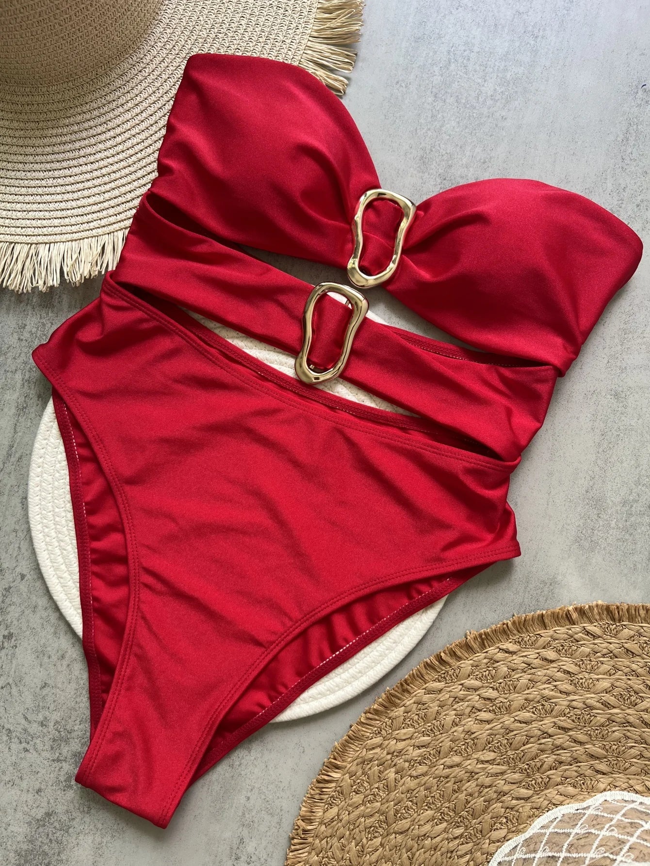 Sexy Red One Piece Swimwear Women Removable Shoulder Strap Ring Linked Bikini Monokini 2026 Backless Hollow Out Beach Swimsuit