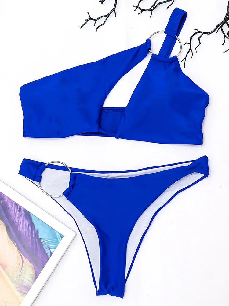 Asymmetric One Shoulder Cut Out Bikini Women Swimwear Female Swimsuit Two-pieces Bikini set High Cut Bather Bathing Suit Swim