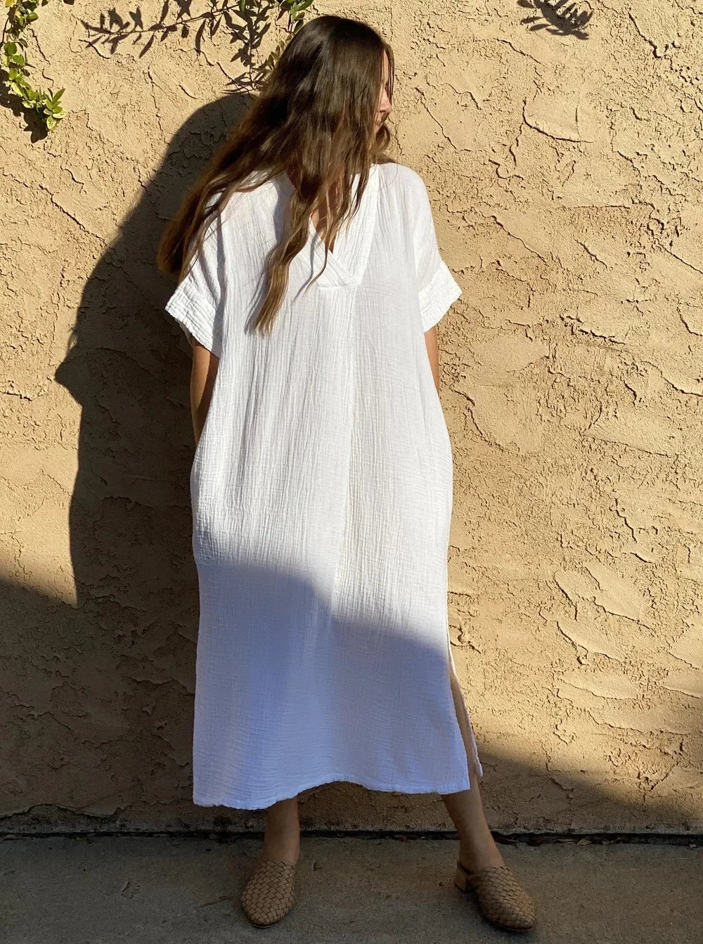 Beach Cover-ups for Women 2026 Solid Color Sexy V-neck Short Sleeve Loose Long Robe Dress Sun Protection Beachwear PZMZ09