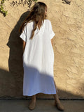 Beach Cover-ups for Women 2026 Solid Color Sexy V-neck Short Sleeve Loose Long Robe Dress Sun Protection Beachwear PZMZ09
