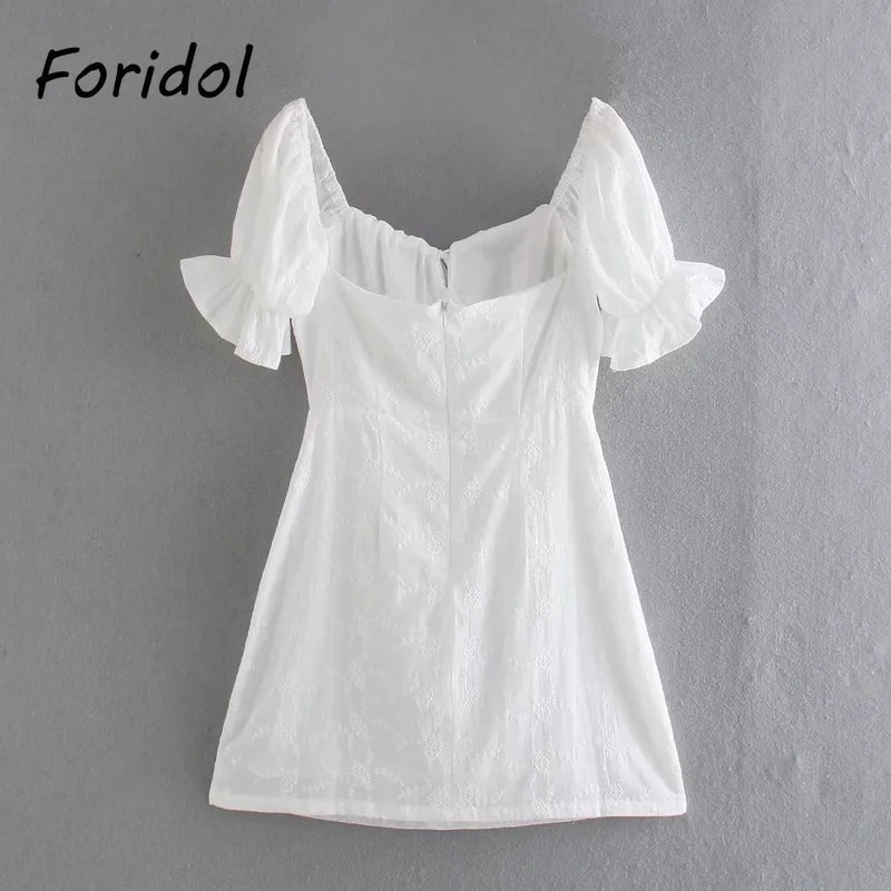 Foridol White Lace Summer Dress for Women Flower Embriodery Cotton Mini Dress Puff Sleeve Lace Up Ruffles Short Beach Dress
