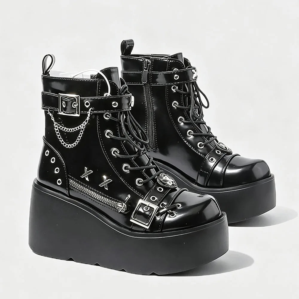 Size 42 Gothic Black Platform Creepers Shoes White Smooth Faux Leather Goth Creepers E-girl Chunky Lace Up Lolita Casual Shoes