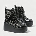 Size 42 Gothic Black Platform Creepers Shoes White Smooth Faux Leather Goth Creepers E-girl Chunky Lace Up Lolita Casual Shoes