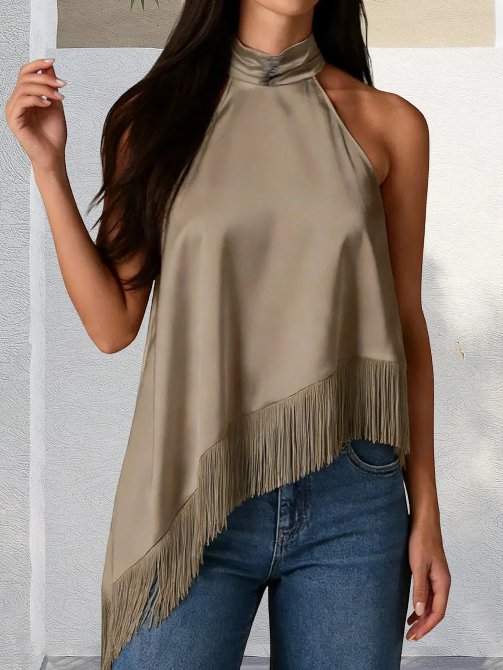 Women's Summer Solid Color Satin Halter Mock Neck Tops Sleeveless Tassel Hem Loose Fit Tank Tops
