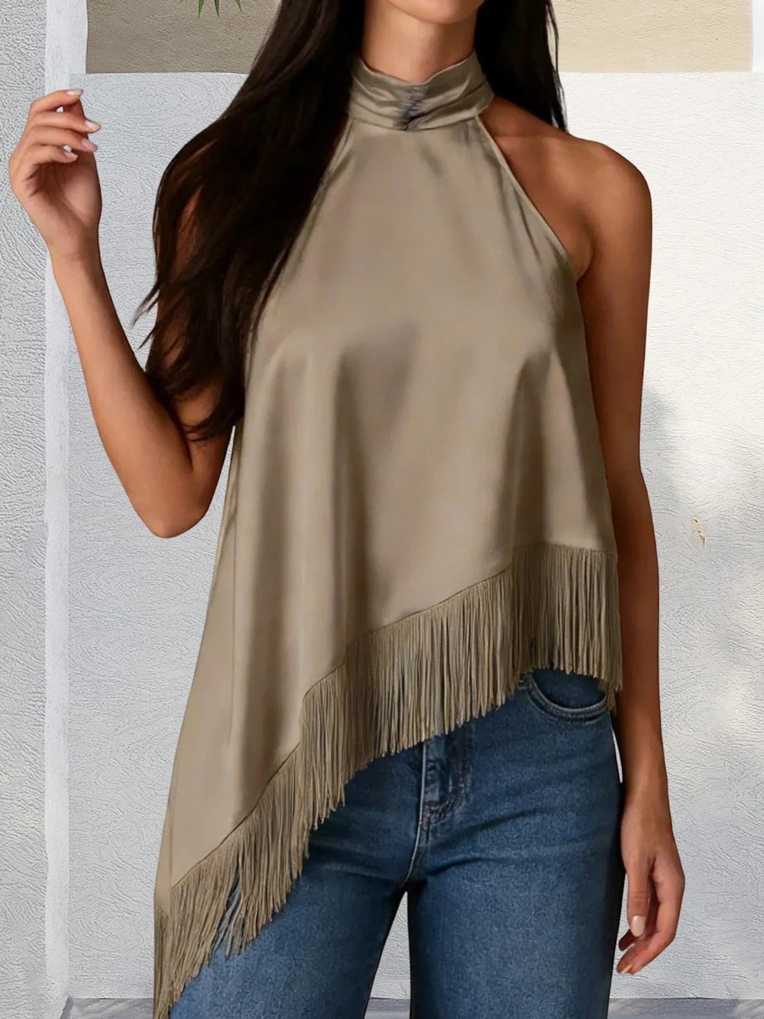 Women's Summer Solid Color Satin Halter Mock Neck Tops Sleeveless Tassel Hem Loose Fit Tank Tops