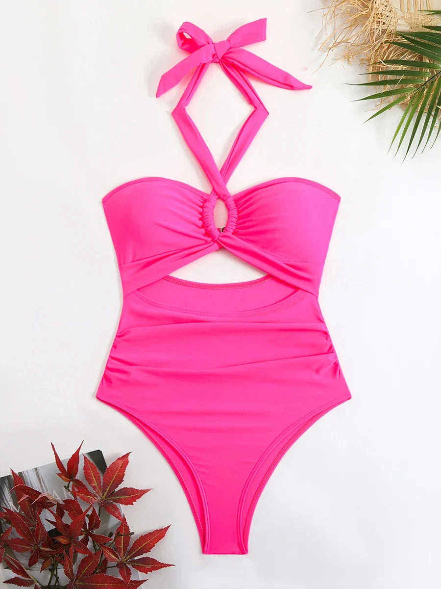 2026 Sexy Padded Swimsuit Women One Piece Halter Hollow Swimwear Female Solid Bathers Bathing Swimming Swim Suit Beachwear