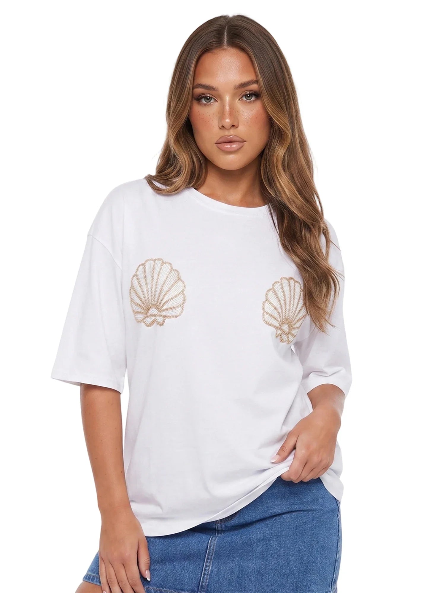Women Oversized Short Sleeve T-shirt Sparkle Shell Embroidery Loose Shirts Summer Daily Casual Baggy Tops
