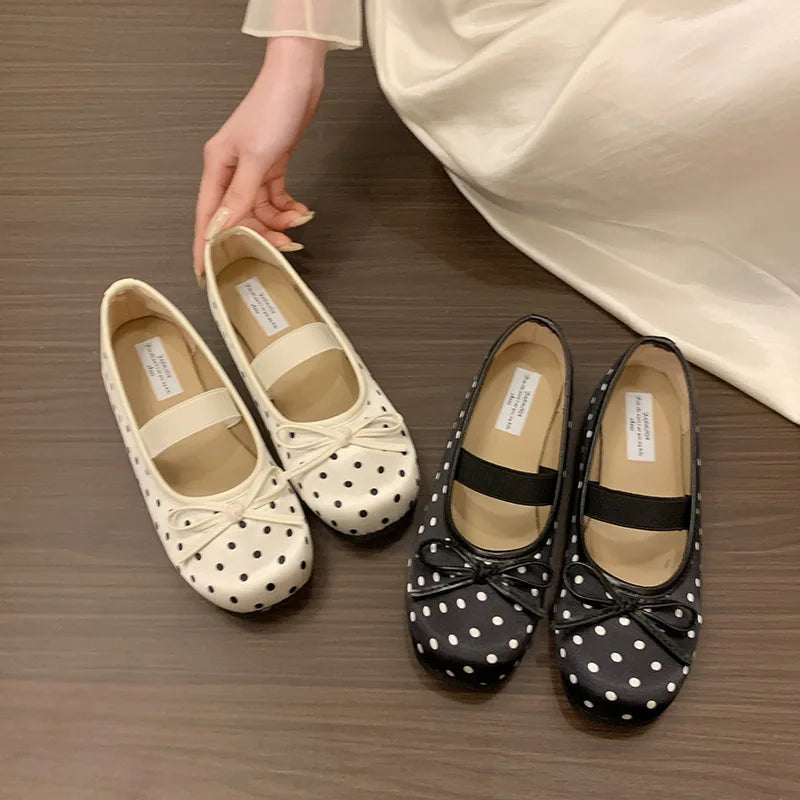 Polka Dot Women Ballet Flats Comfortable Round Toe Elastic Band Shoes Street Style Soft Sole Ladies Eelgant Wedding Dress Shoes