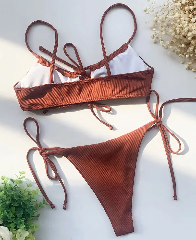 Sexy Strappy Lace Up Ribbed Neon Green Bikini Women Swimwear Female Swimsuit Two-piece Bikini set Hollow Out Bathing Suit Swim