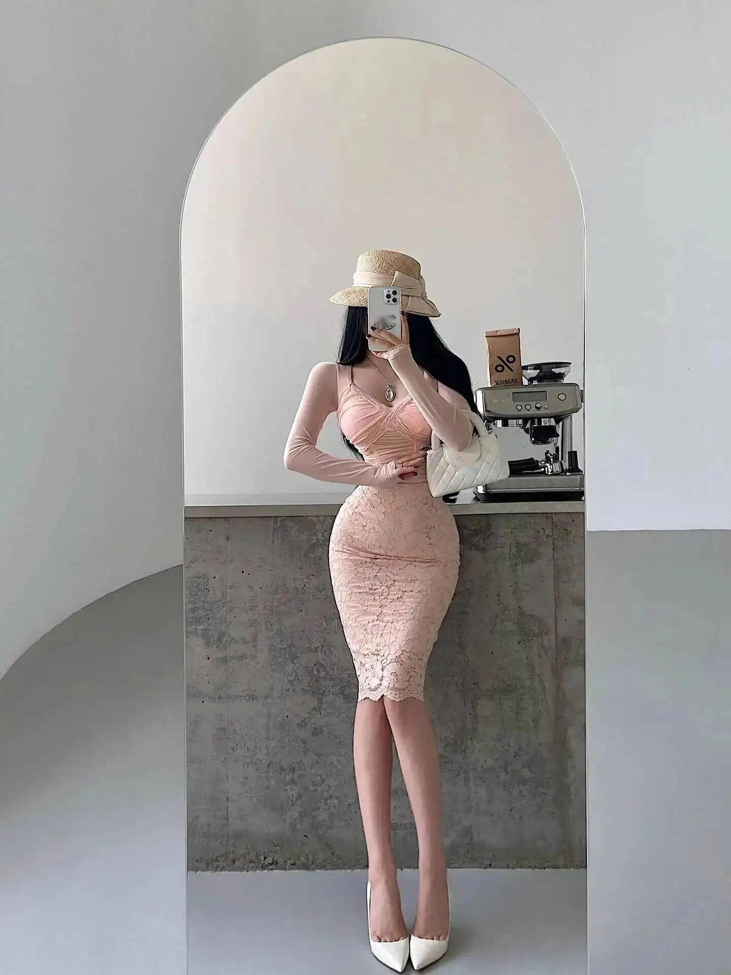 Pure Desire Style High Waist Back Slit Lace Bodycon Midi Skirt Fashion Slim Women Long Skirts PNC2