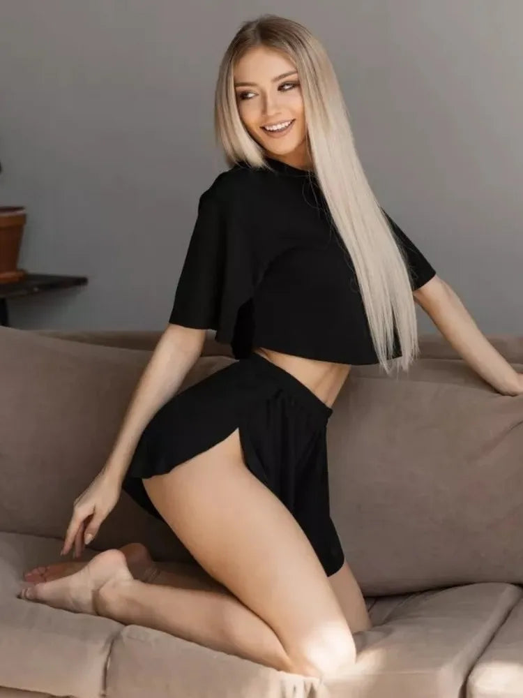 Summer 2 Pieces Pajama Sets for Women Sexy Sleepwear Black Crop Tops with Shorts Sets Underwear Loungewear Home Clothes