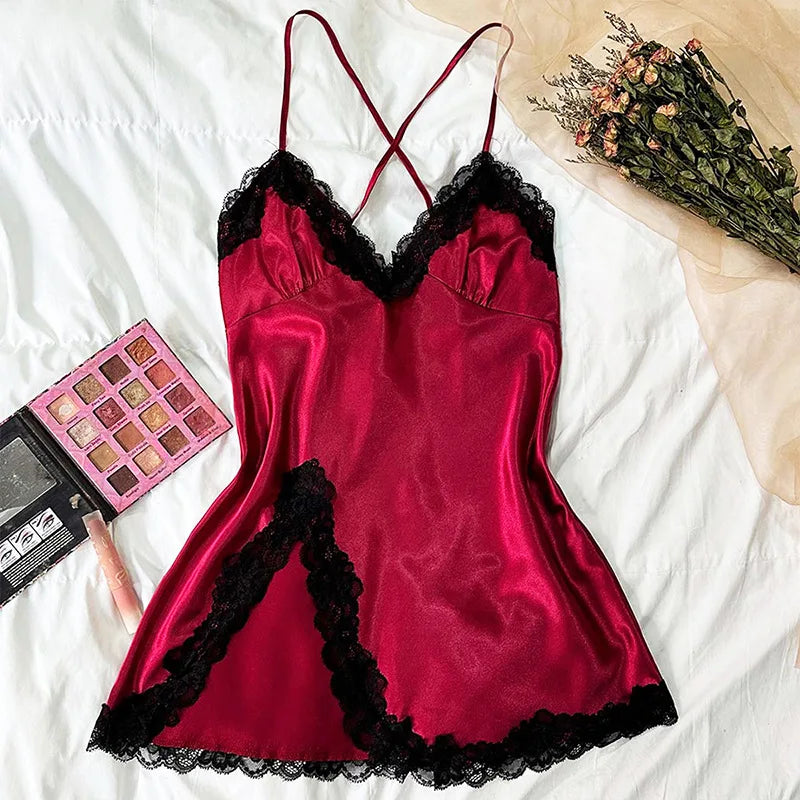 New Ice Silk Frill Trim Sleepwear Women's Soft Satin Camisole Nightdress Summer Slip Dress Comfortable Nightgown Solid Pajamas