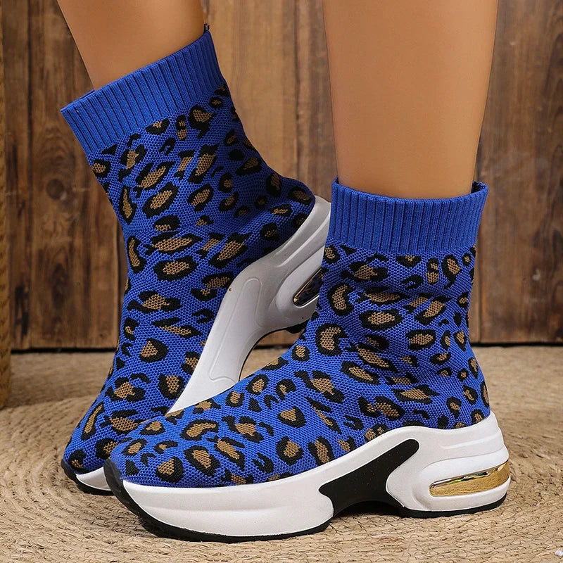 Fashion Leopard Print Platform Ankle Boots Women Comfy Slip On Breathable Knitted Boots Woman Plus Size 35-43 Wedges Short Boots
