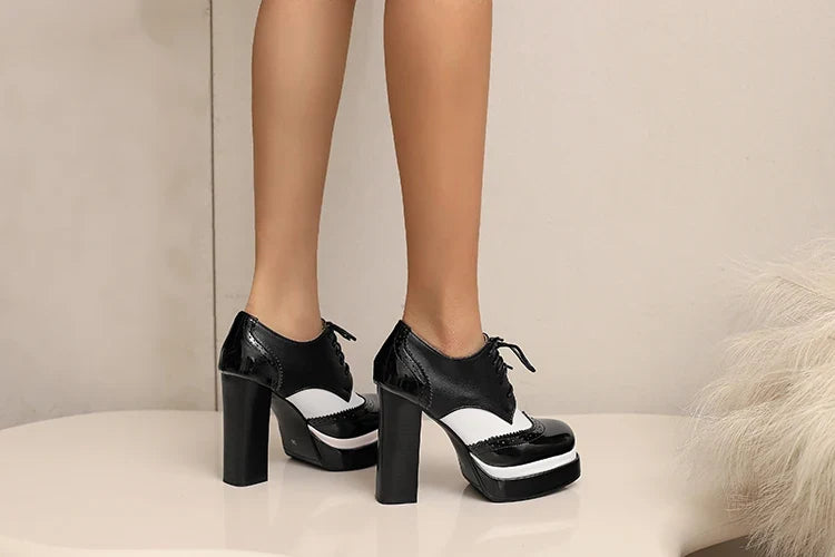 Bright Patent Leather Patchwork White PU Lace Up High Heels with Breathable Lining, Wavy and Serrated Patterns, Sweet Pumps