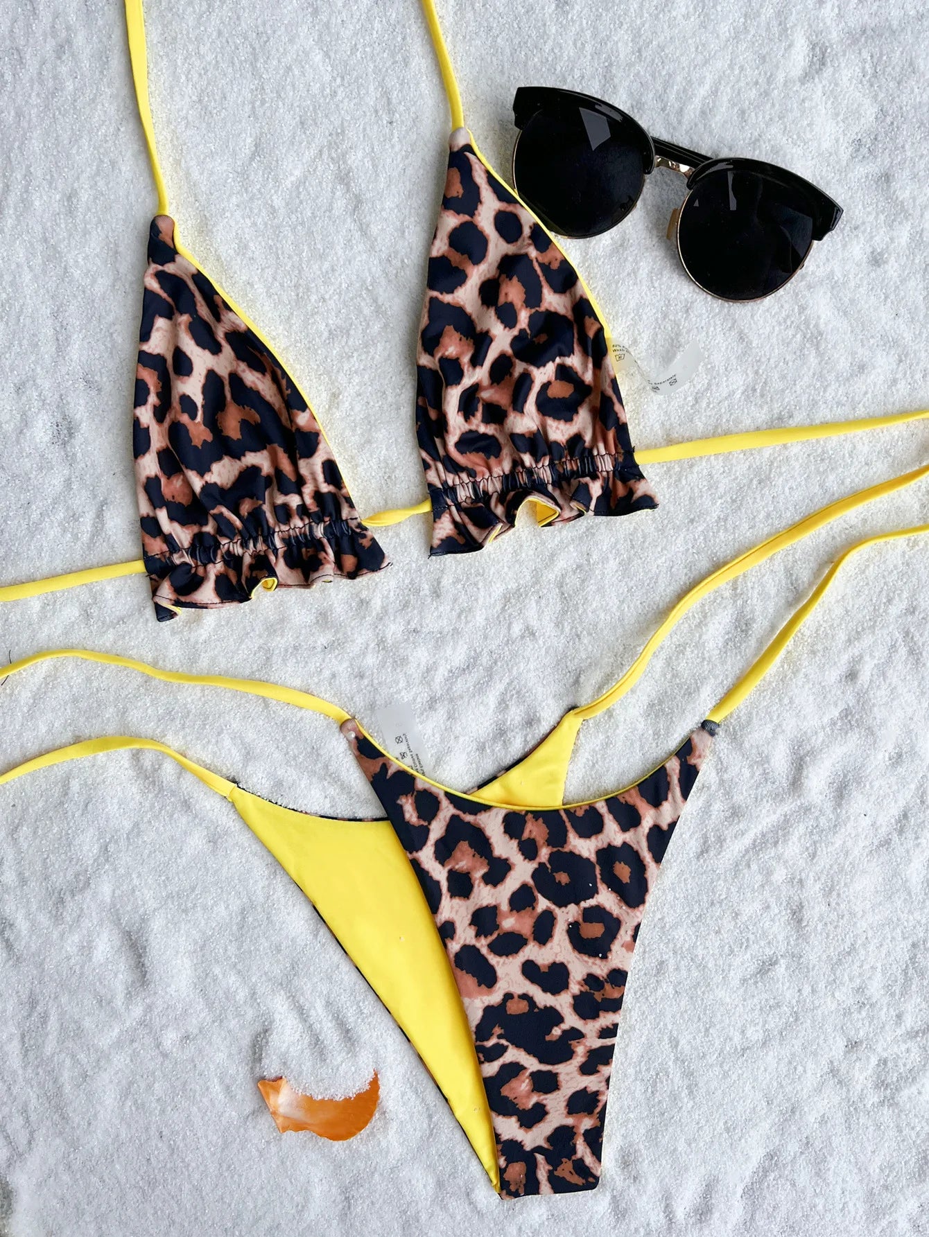 2026 Summer Leopard Print 3 Pieces Suit Swimwear Reversible Sexy Halter Lace-up Bikini Set Drawstring Skirt Cover Up Beachwear