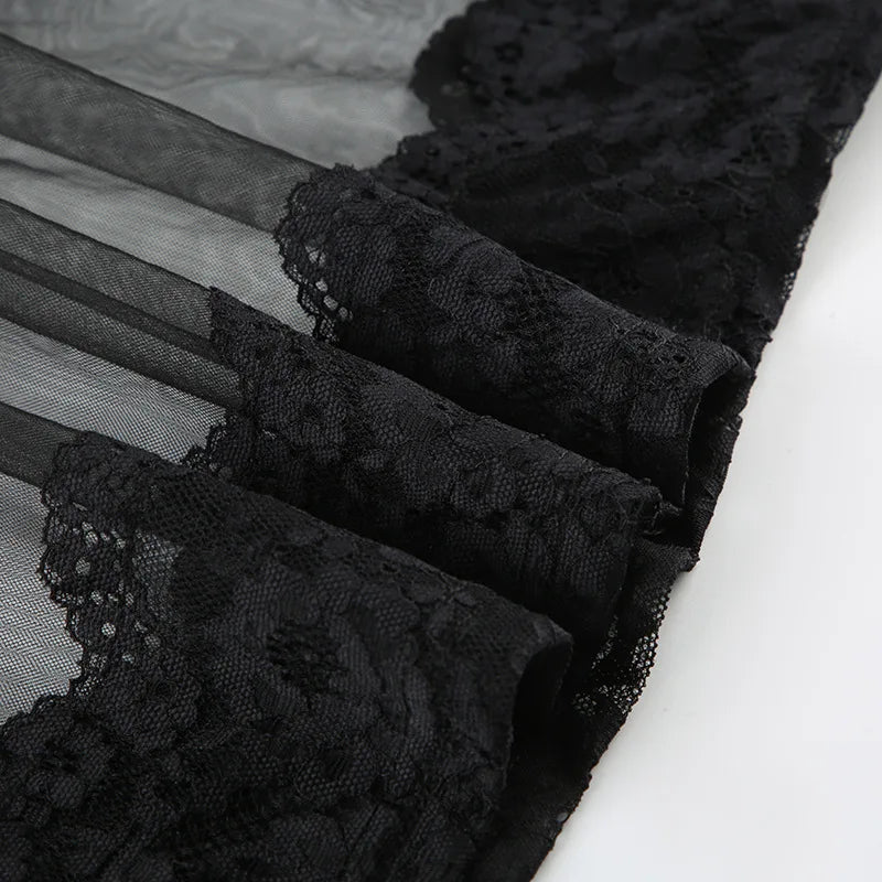 FDYOUI Sexy Lace Patchwork Mesh Long Dress Women Spaghetti Strap See-through Evening Party Dresses White Black Night Club Outfit