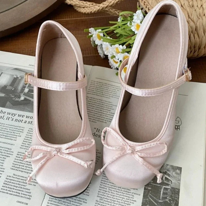 2025 spring cute sweet Bowknot Mary Janes for Women  vintage Silk Med Heels  pumps Ladies  Banquet Wedding Single Shoes Mujer