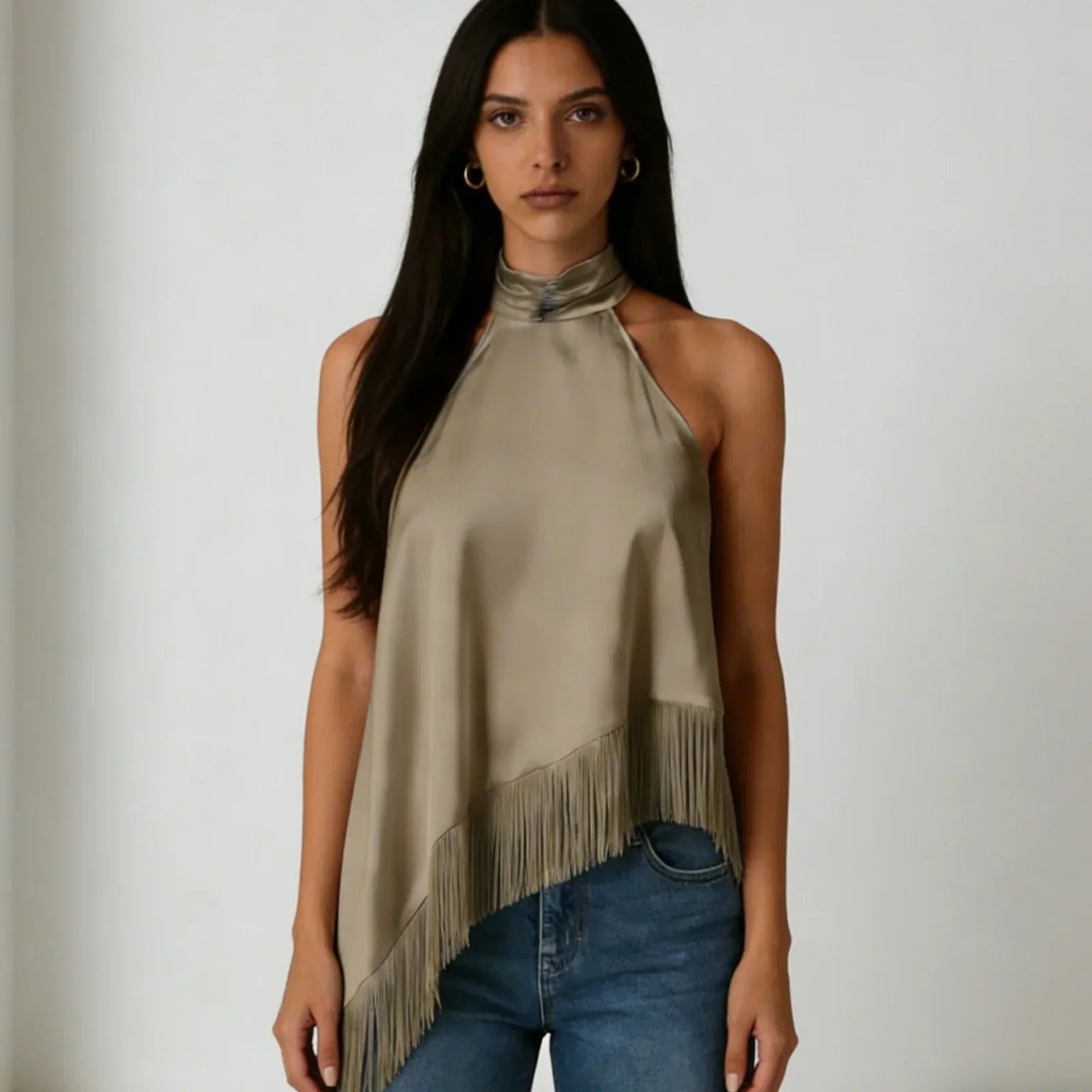 Women's Summer Solid Color Satin Halter Mock Neck Tops Sleeveless Tassel Hem Loose Fit Tank Tops