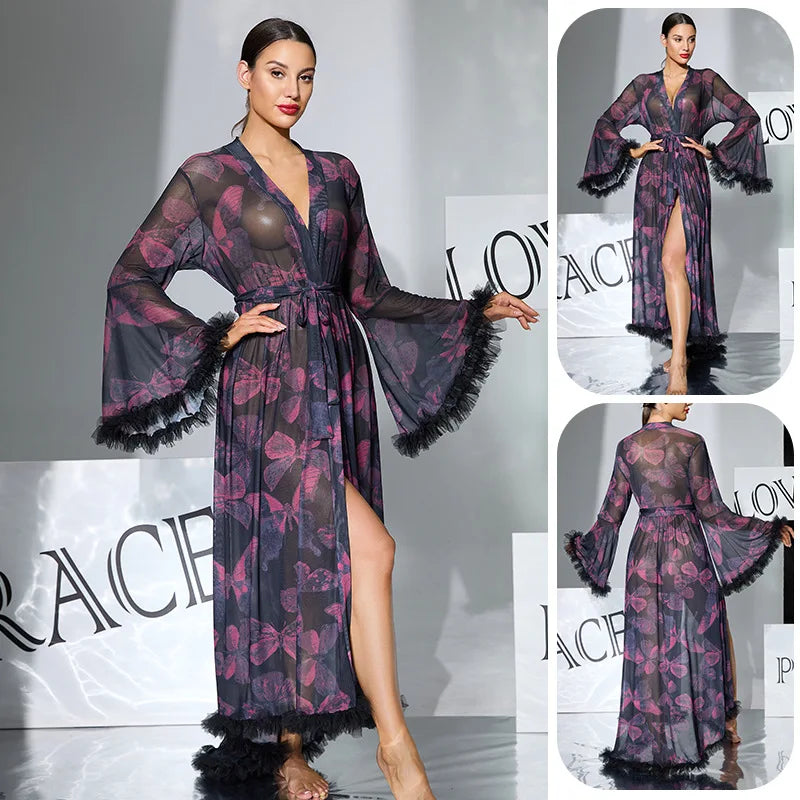 2026 New Women Elegant Butterfly Print Mesh Robe Big Flare Sleeve Lace Up Tassel Fringe High Slit Bathrobe Loungewear