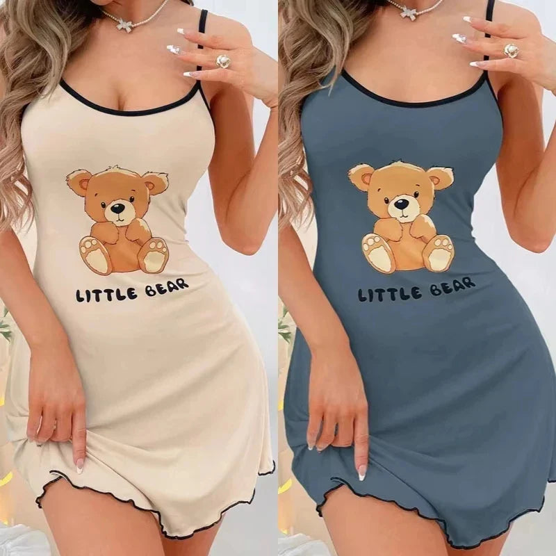 Summer Suspenders Mini Dress Women Sleepwear Comfortable Home Leisure Sexy Nightgowns Littler Bear Printed Nightdress