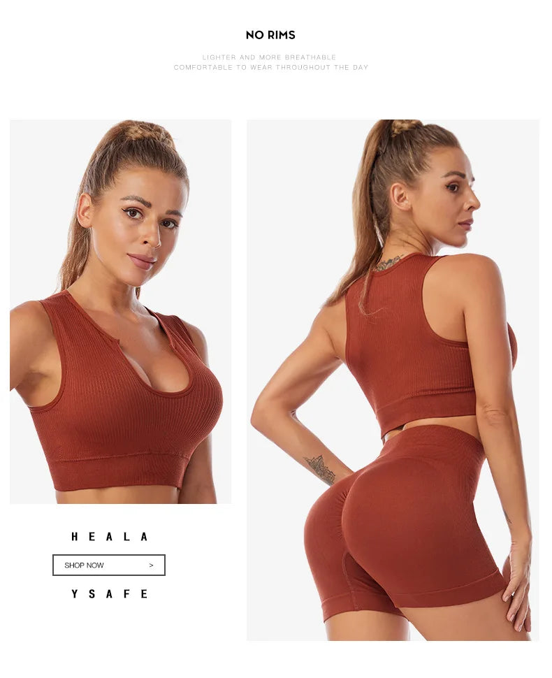 New Sports Bra Women Sexy Deep U-neck Push Up Gym Jogging Yoga Fitness Shockproof Vest Crop Tops Female Sport Bras Set for Women