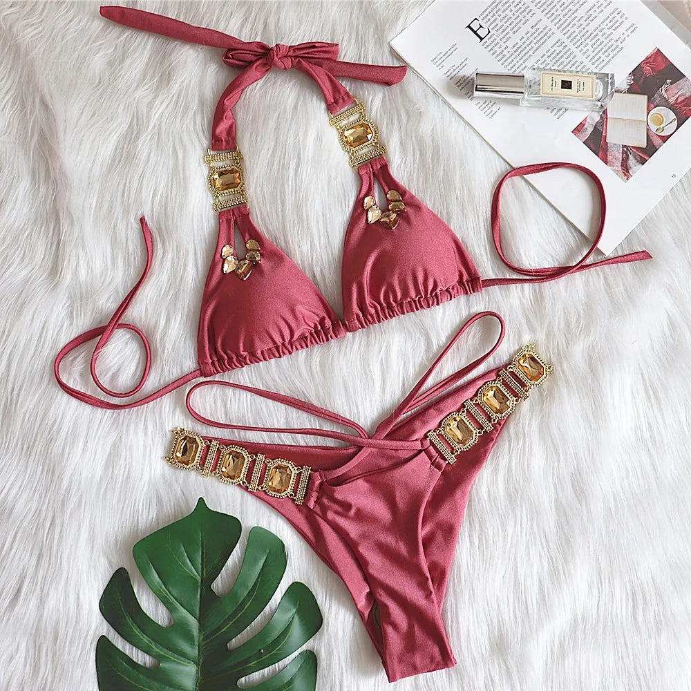 DEKA Solid Green Rhinestones Bikini Set Women Push Up Glitter Diamond Swimsuit Chain Metal Bathing Suit Luxury Thong Swimwear