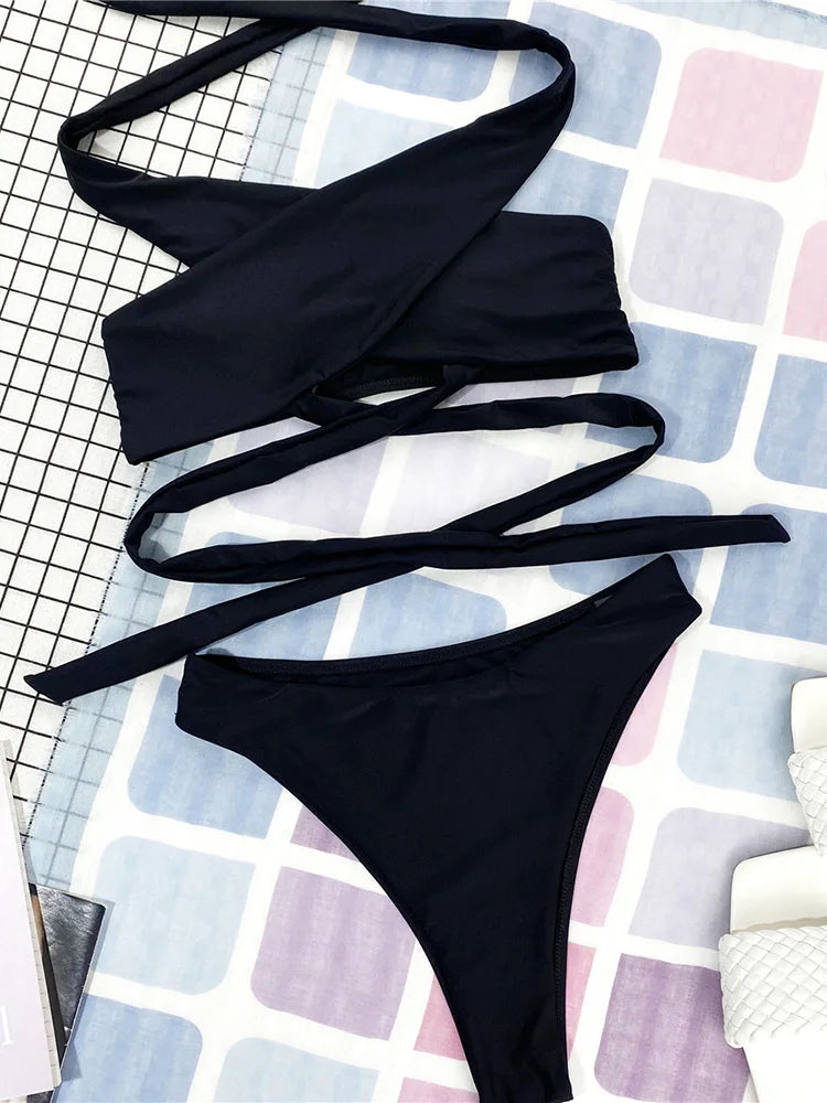 Halter Cross Bandage High Cut Bikini Women Swimsuit Female Swimwear Two-pieces Bikini Set Hollow Out Bather Bathing Suit Swim