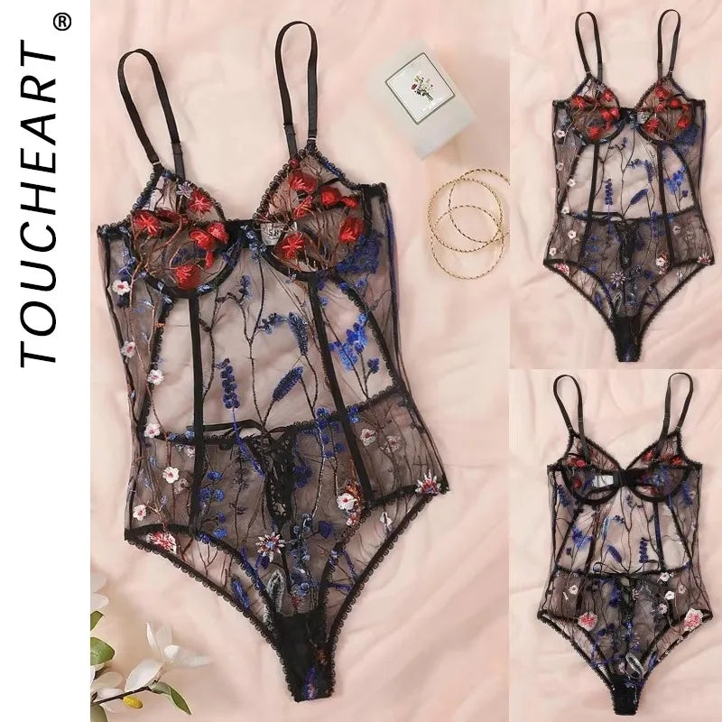 Toucheart Sexy Lingerie Embroidery Underwear Hollow Lace One-piece Suspender Nightgown Transparent Porn Sexy Female Lingerie New